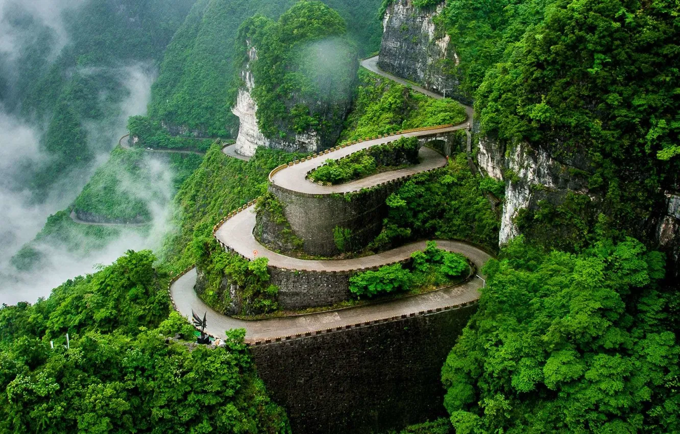 Photo wallpaper China, China, serpentine, mountain road, Hunan, fog in the mountains, Tianmen mountain