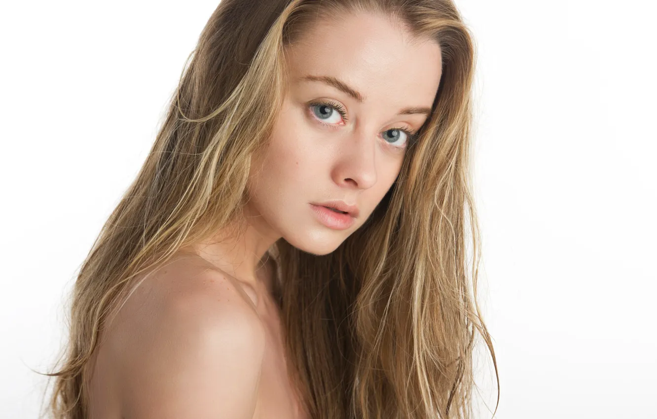 Photo wallpaper white, look, girl, face, background, model, portrait, brown hair