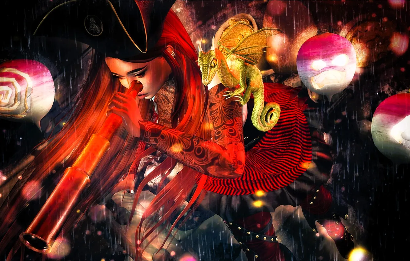 Photo wallpaper flower, girl, balls, dragon, rose, hat, dress, outfit