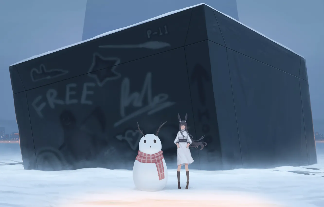 Photo wallpaper winter, girl, snow, rabbit, snowman, box, ears