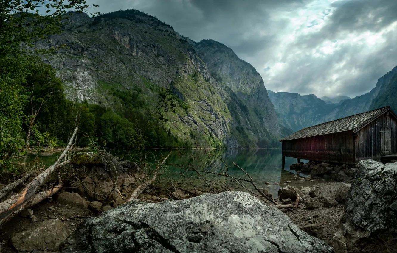 Photo wallpaper landscape, mountains, clouds, nature, lake, stones, Germany, the barn