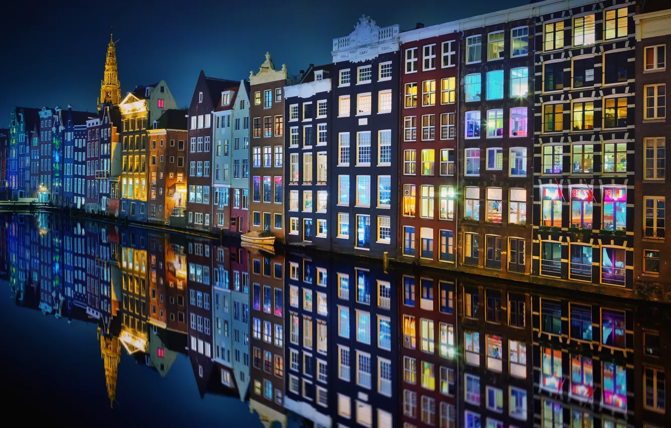 Photo wallpaper night, the city, lights, Amsterdam