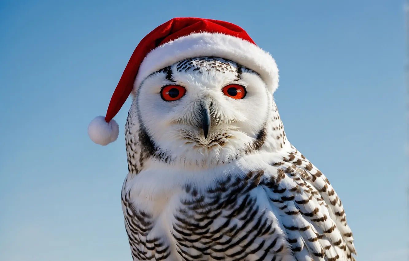 Photo wallpaper look, owl, bird, new year, Christmas, blue background, snowy owl, the Santa hat