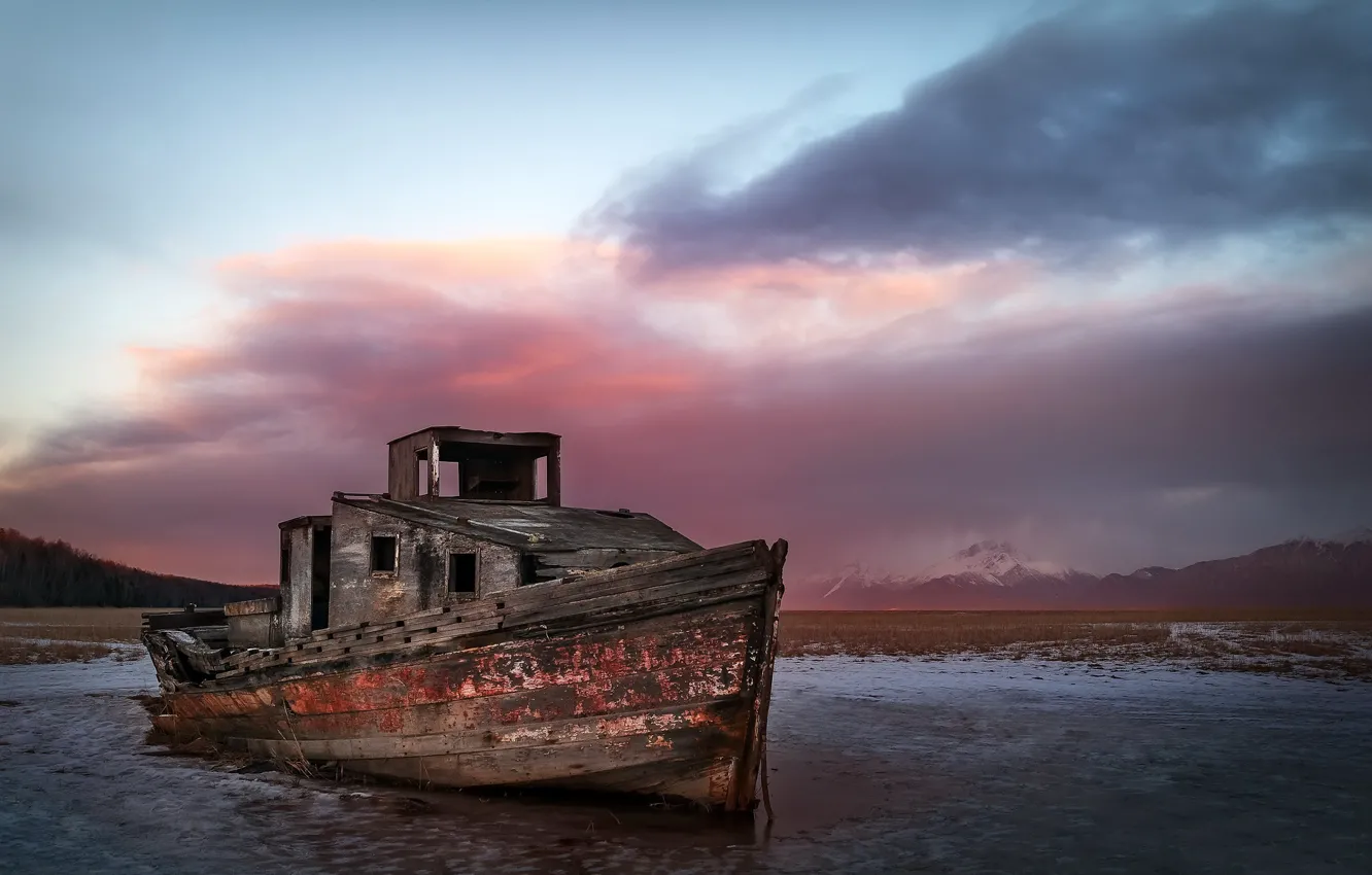 Photo wallpaper sunset, ship, stranded