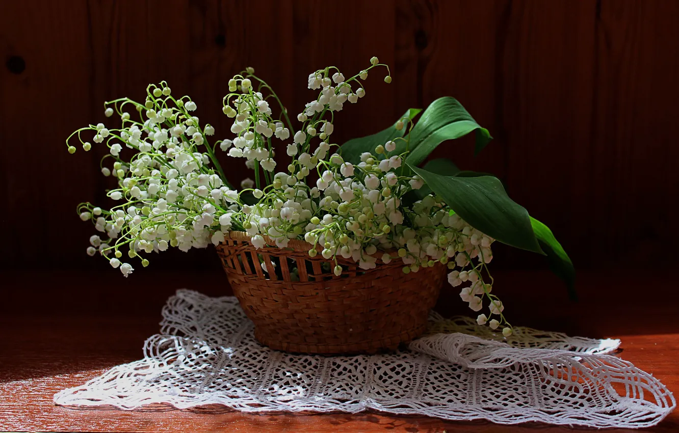 Photo wallpaper flowers, basket, lilies of the valley