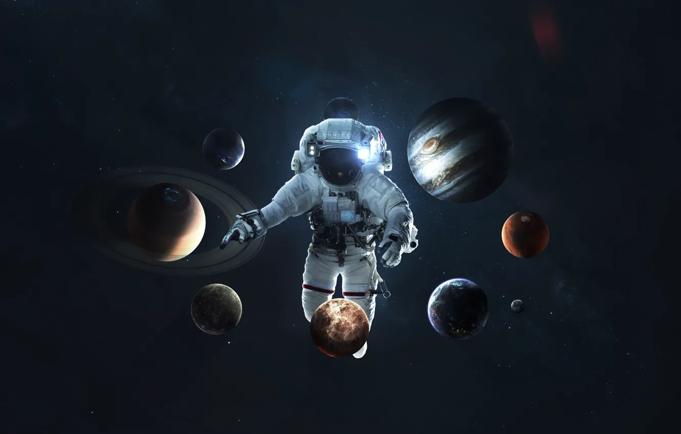Photo wallpaper Saturn, The moon, Space, Earth, Planet, Astronaut, Astronaut, Moon