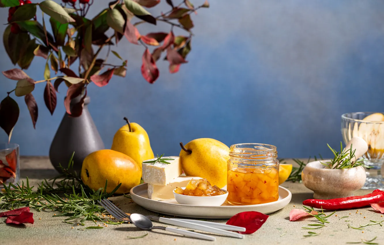 Photo wallpaper leaves, table, plate, Bank, pear