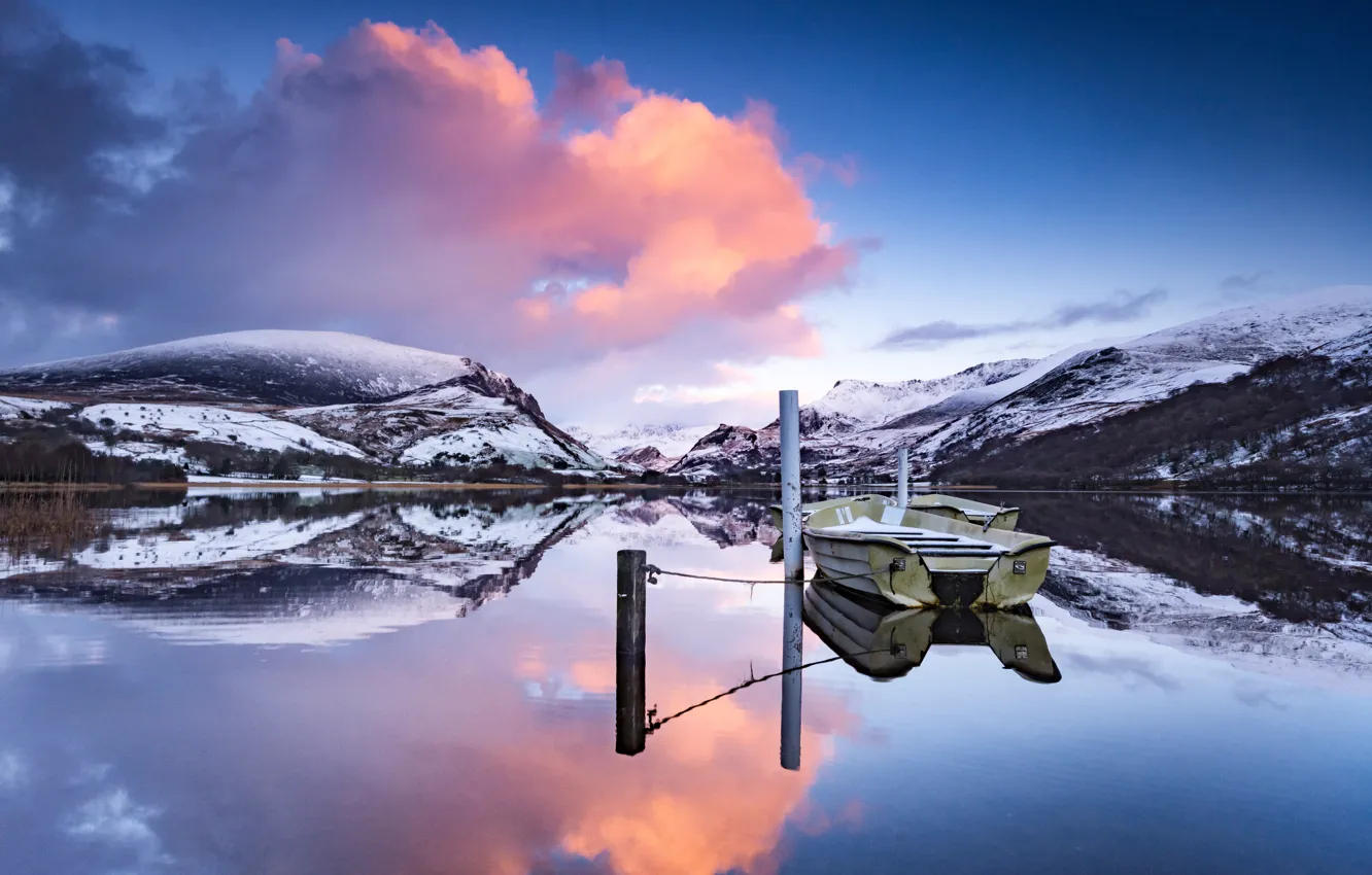 Photo wallpaper clouds, mountains, reflection, boat, the evening, pond