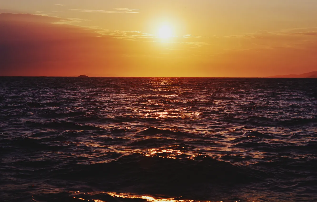 Photo wallpaper sea, sunset, boat, horizon, orange sky