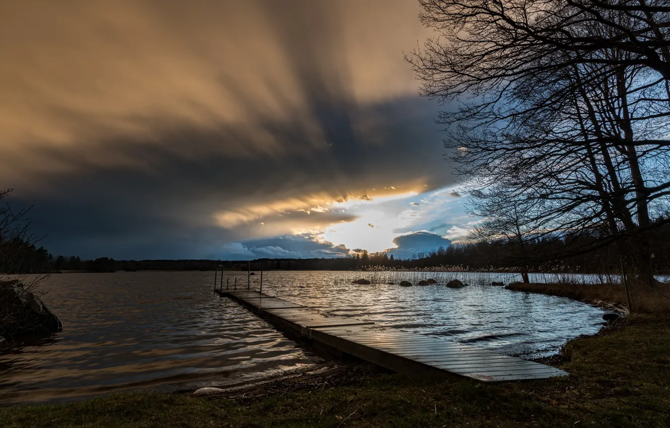 Photo wallpaper night, bridge, lake