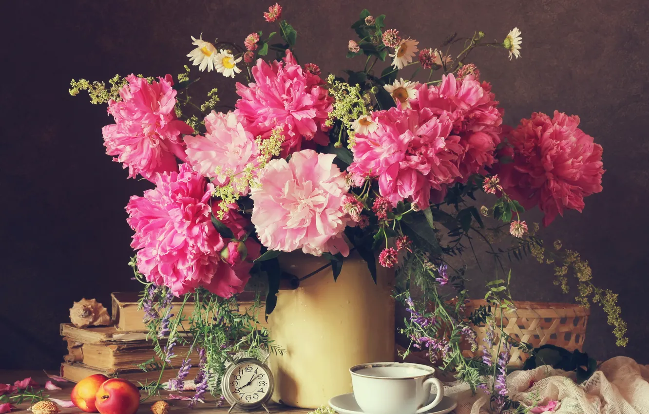 Photo wallpaper watch, books, chamomile, Cup, peaches, wildflowers, peonies, book
