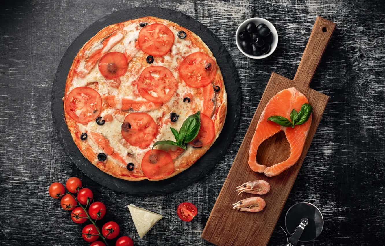 Photo wallpaper fish, cheese, pizza, tomatoes