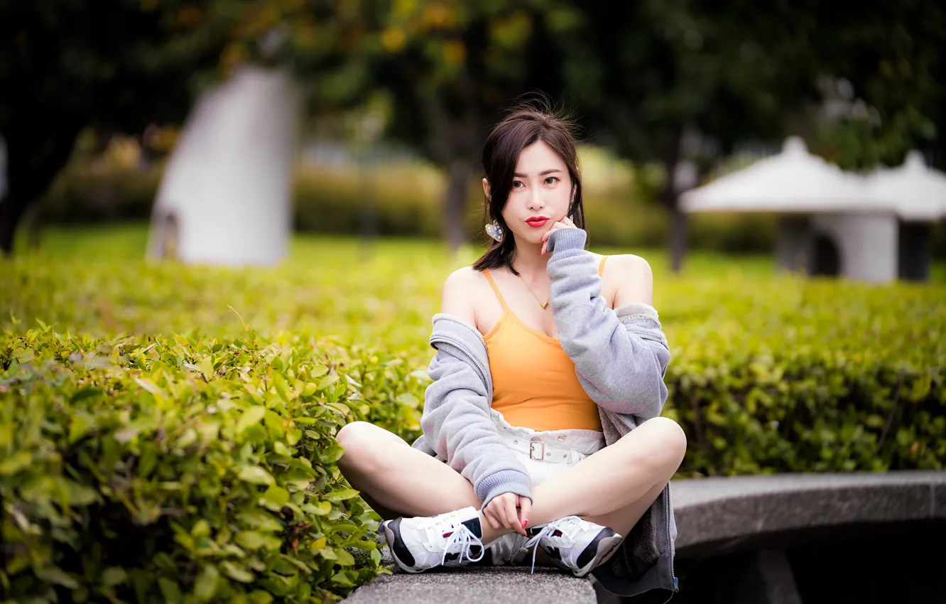 Photo wallpaper shorts, Asian, shorts, sneakers, big Breasts, blurred background, asian, sneakers