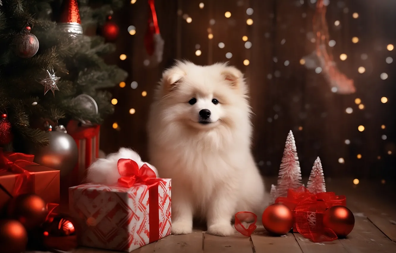 Photo wallpaper white, new year, dog, Christmas, puppy, face, Christmas decorations, Spitz