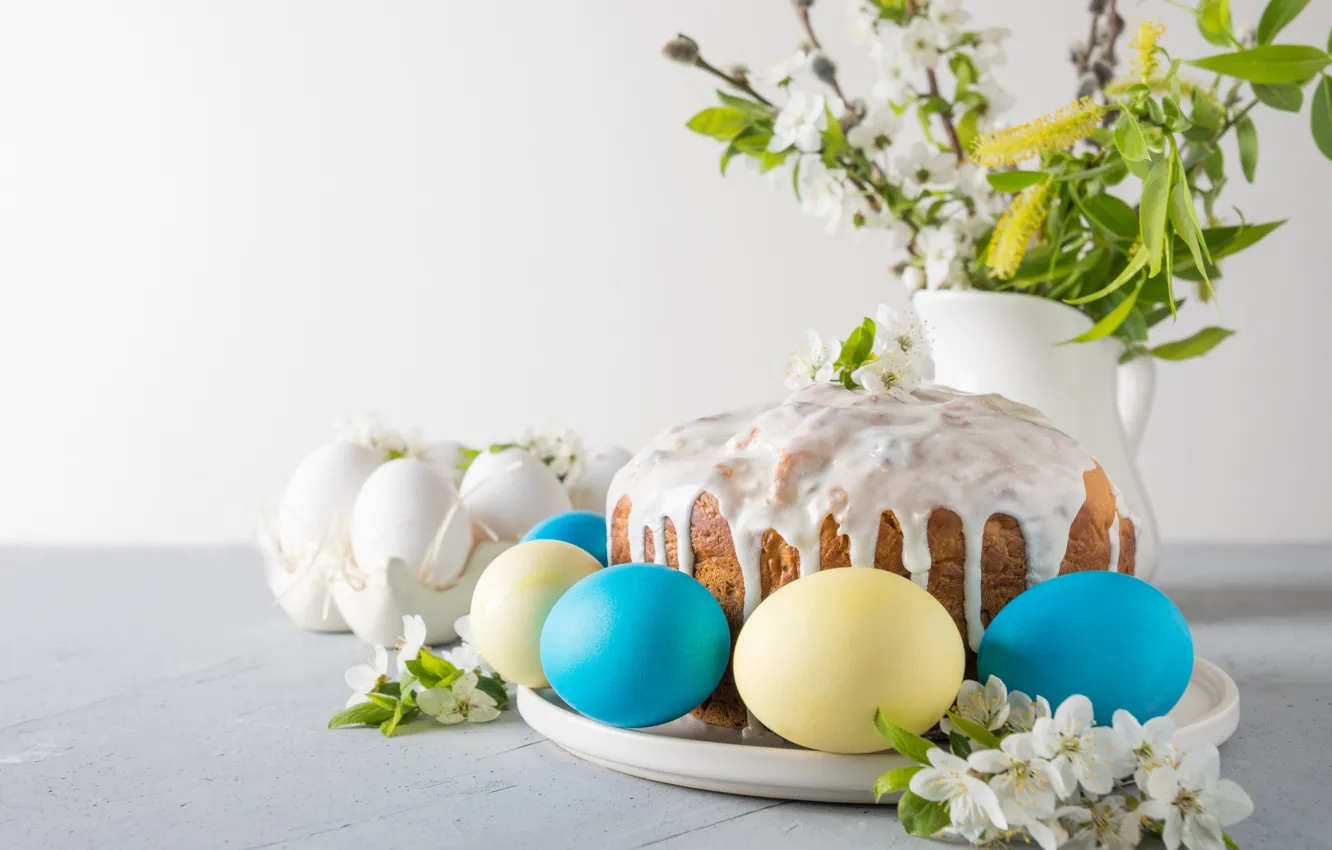Photo wallpaper flowers, holiday, eggs, spring, Easter, cake