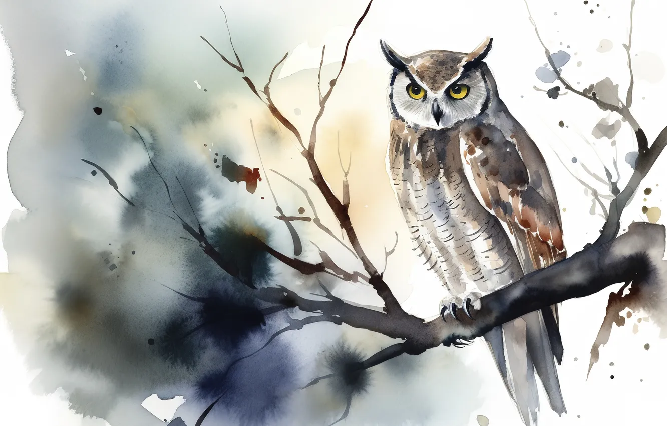 Photo wallpaper look, trees, branches, nature, owl, bird, divorce, watercolor