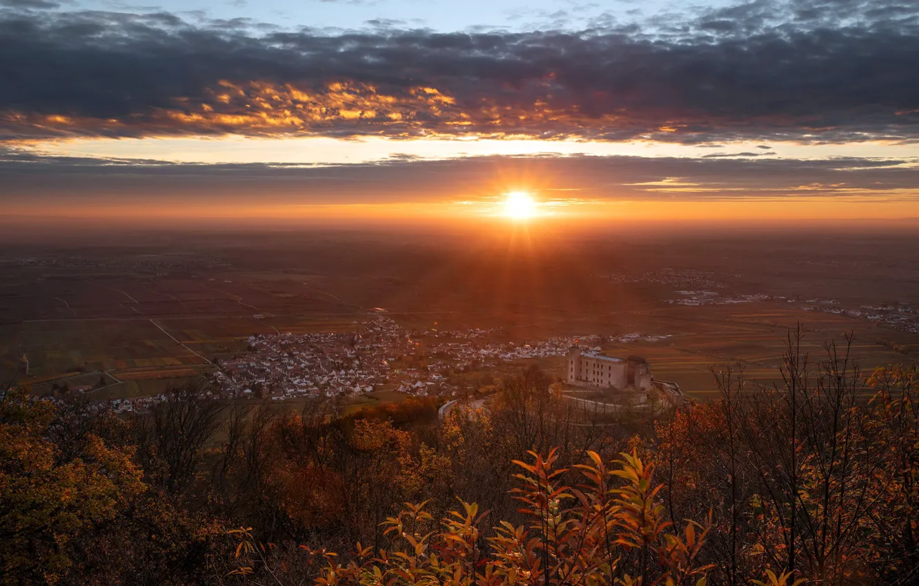Photo wallpaper sunset, the city, valley