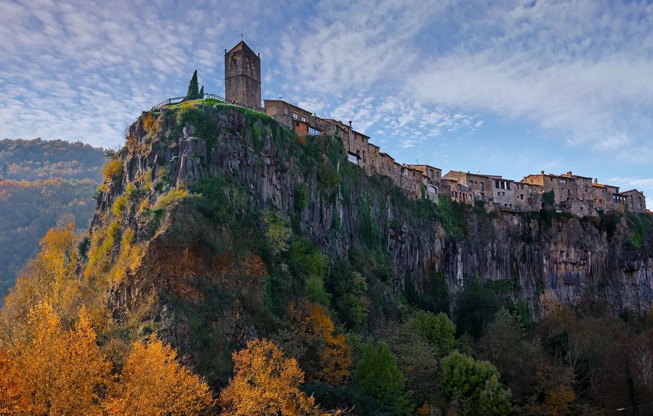 Photo wallpaper autumn, forest, clouds, trees, mountains, castle, open, rocks