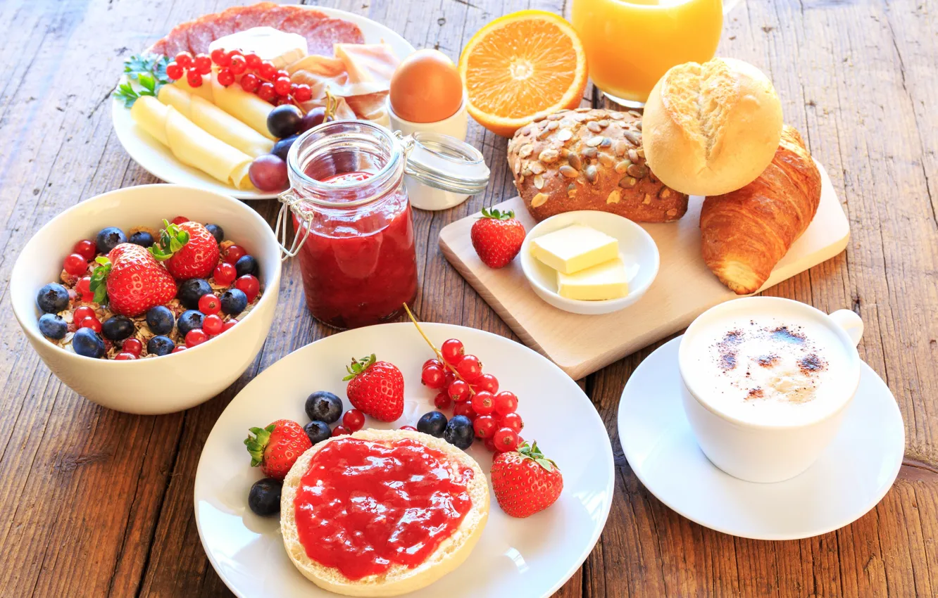 Photo wallpaper berries, coffee, Breakfast, strawberry, juice, cakes, jam, cutting