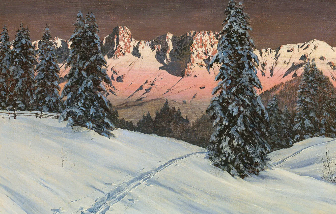 Photo wallpaper Mountains, Snow, Picture, Alois Arnegger, Ate, Alois Arnegger, Austrian painter, The setting sun over the …