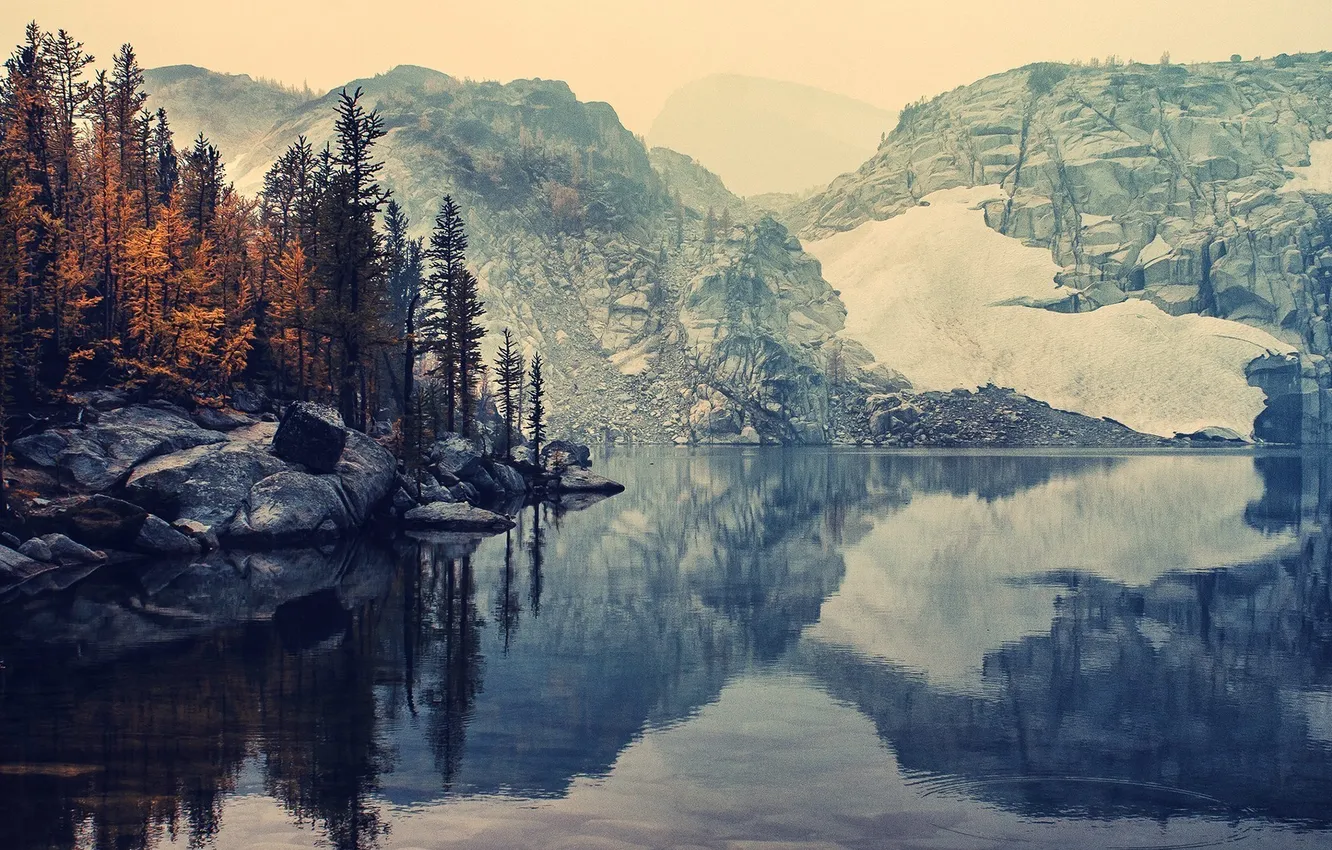 Photo wallpaper forest, mountains, lake