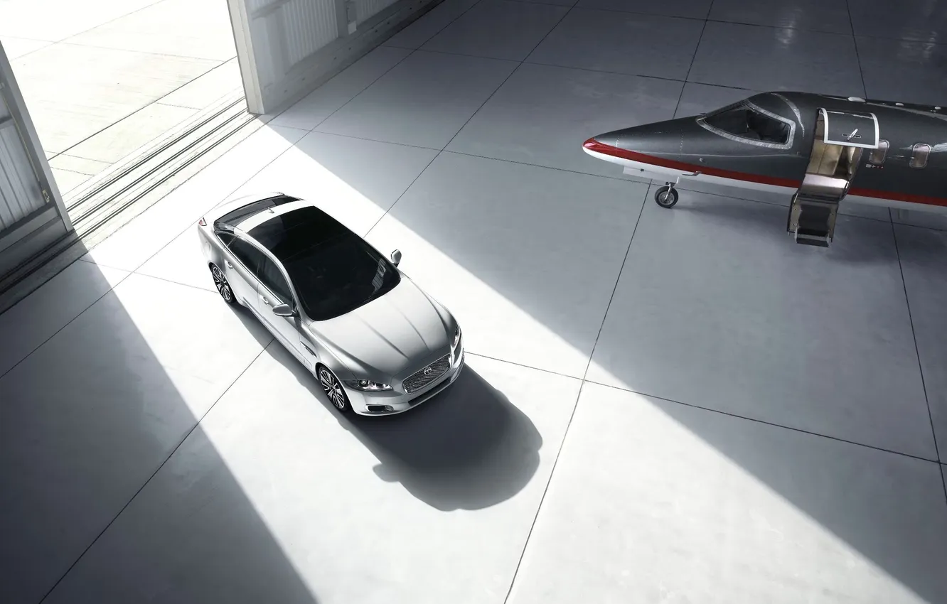 Photo wallpaper white, Jaguar, hangar, the plane, sedan