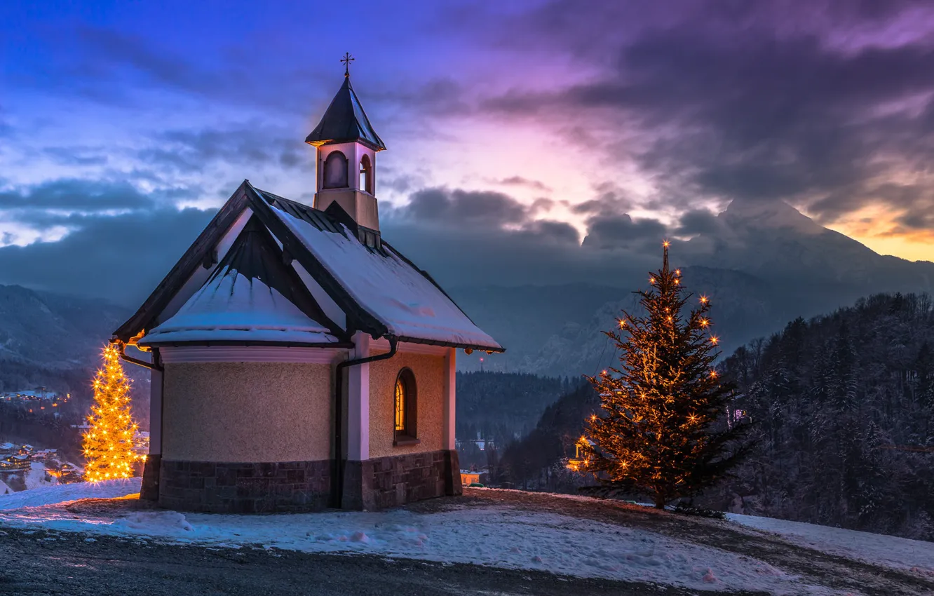 Photo wallpaper landscape, mountains, nature, new year, Bayern, tree, twilight, chapel