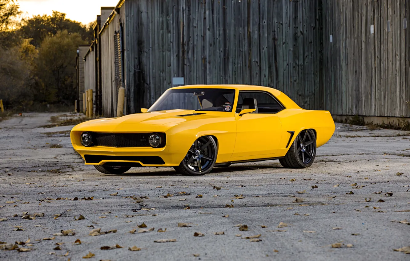 Photo wallpaper Chevrolet, 1969, Camaro, Front, Yellow, Side, Muscle Car, Front and Side