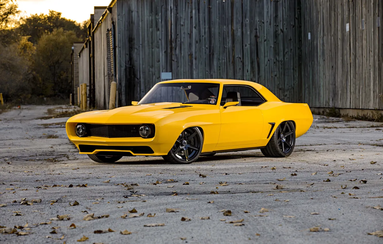 Photo wallpaper Chevrolet, 1969, Camaro, Front, yellow, muscle car, Side, Front and Side