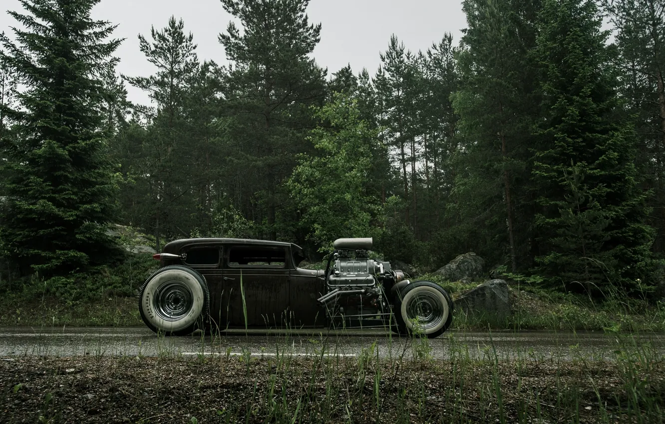 Photo wallpaper Road, Chevrolet, Forest, Wet, Hot Rod, Chevy, Rat Rod, Side