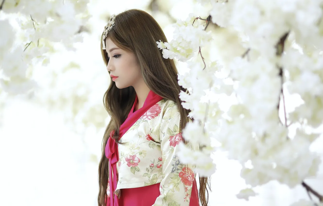 Photo wallpaper girl, spring, garden, Asian