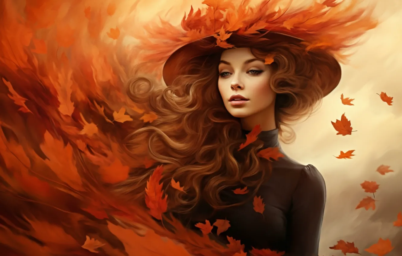 Photo wallpaper autumn, look, girl, the wind, hair, portrait, hat, hat