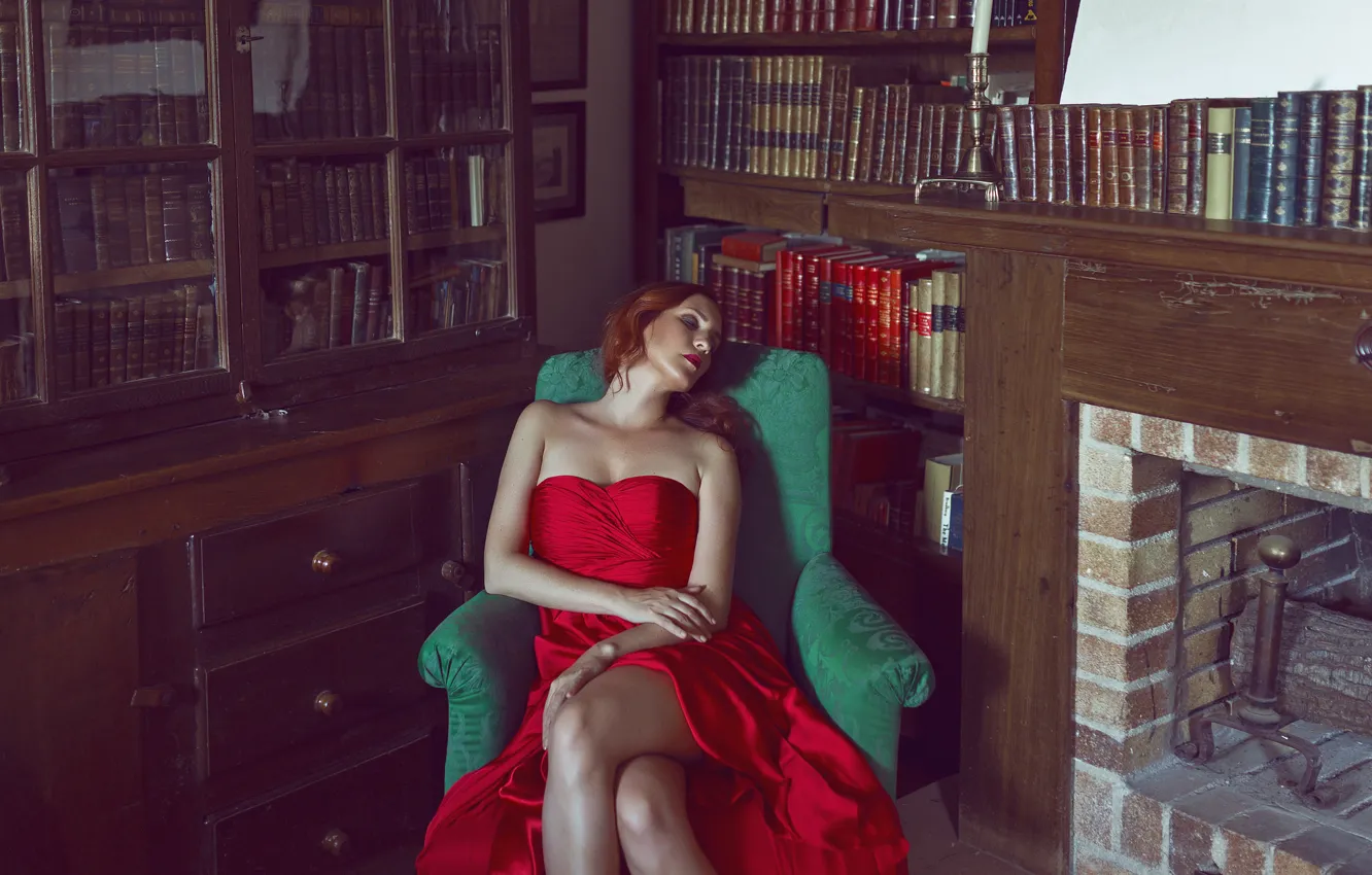 Photo wallpaper girl, face, room, red, books, makeup, dress, legs