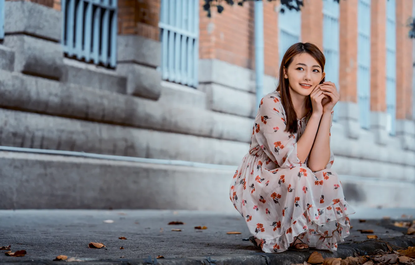 Photo wallpaper girl, dress, Asian, sitting, cutie, bokeh