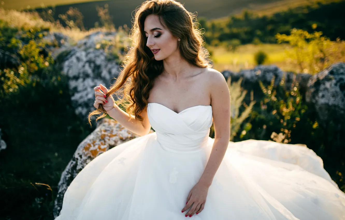 Photo wallpaper white, girl, light, nature, pose, smile, stones, hands