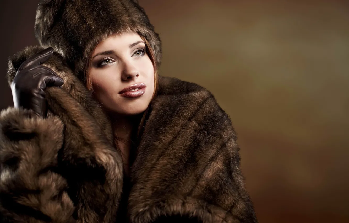 Photo wallpaper winter, girl, clothing, hat, leather, gloves, coat, fur