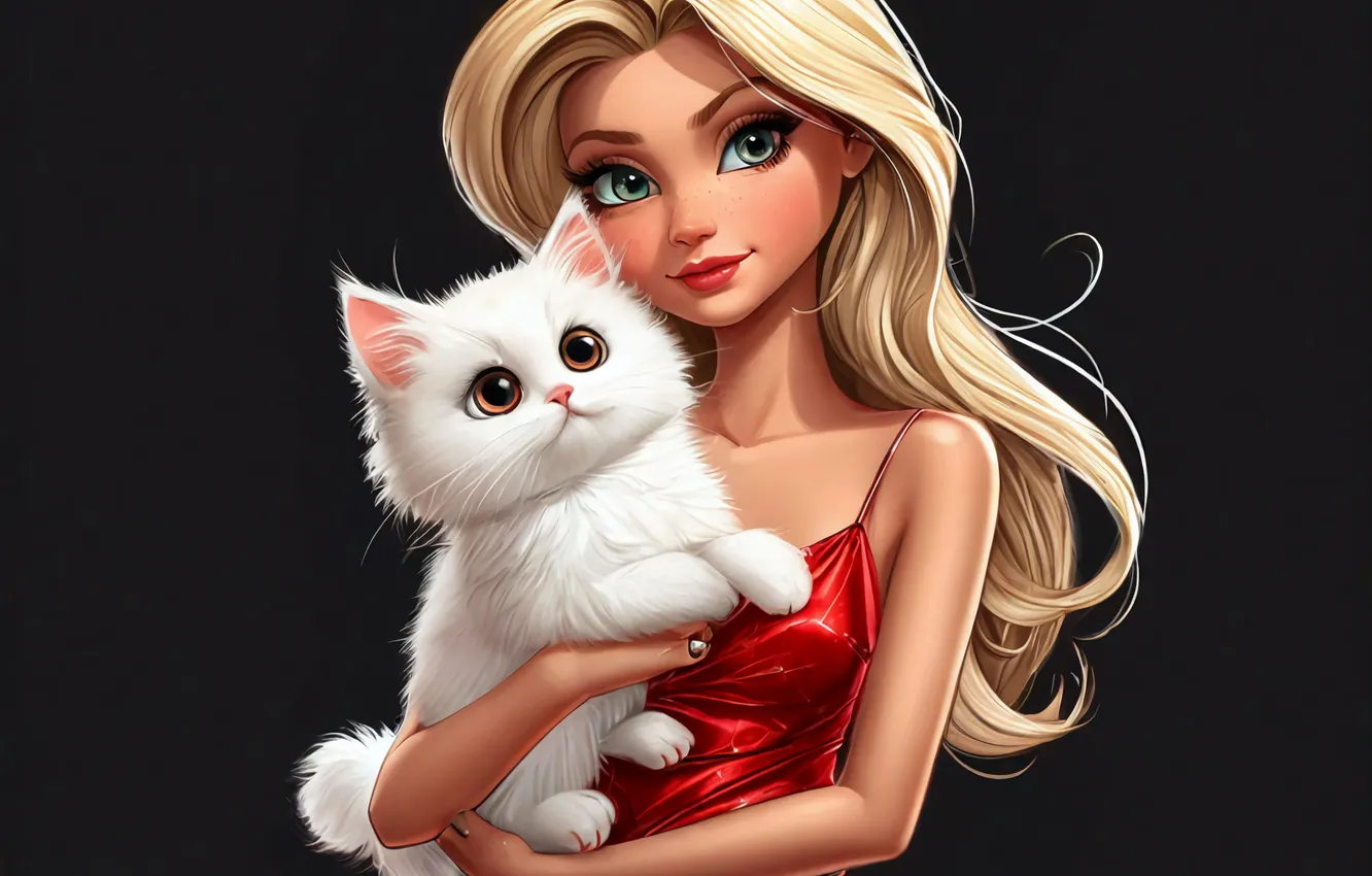 Photo wallpaper cat, cat, girl, blonde, red dress, cartoon, white cat, AI ART