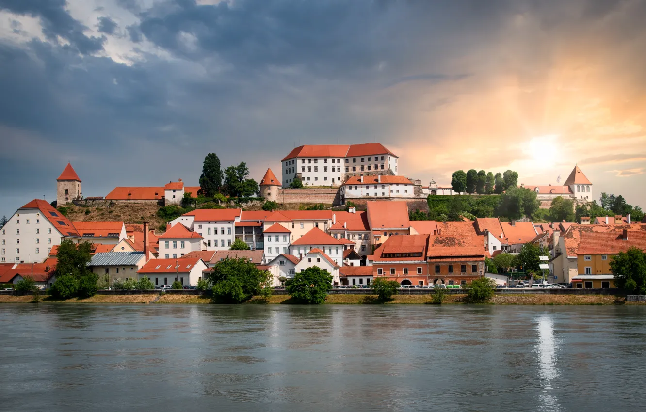 Photo wallpaper the sun, clouds, the city, shore, building, home, house, pond