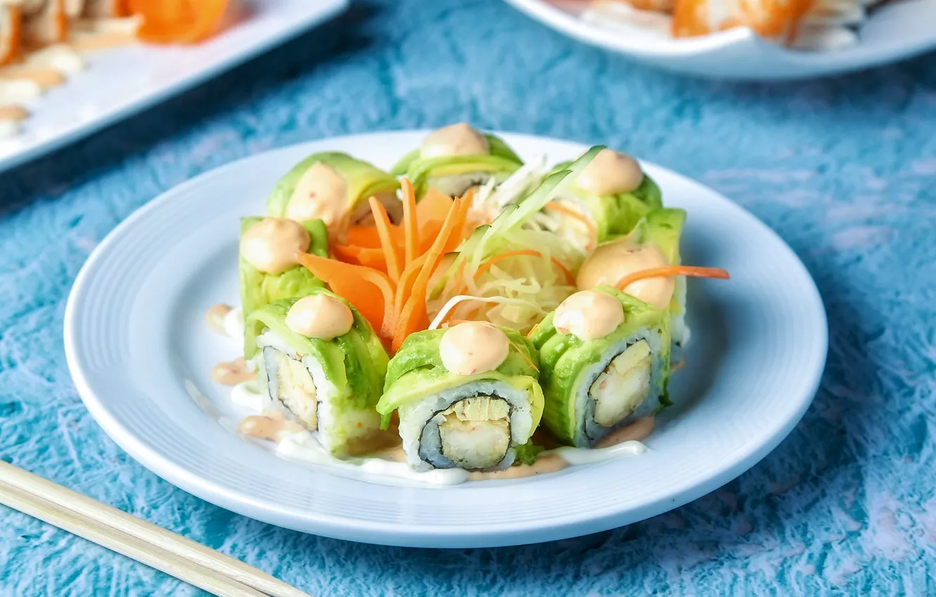 Photo wallpaper table, food, sticks, plate, blue background, sushi, salad, rolls