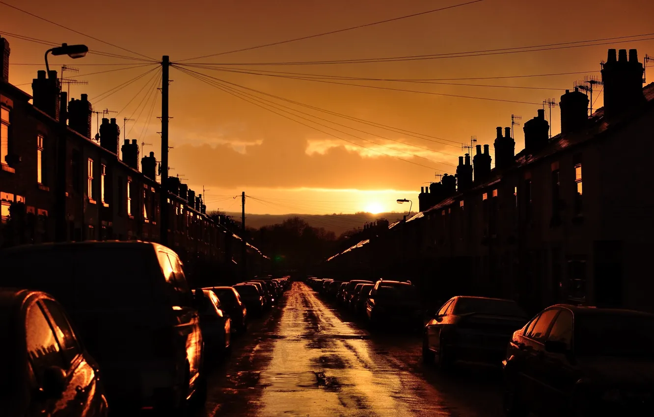 Photo wallpaper the sun, light, the city, street, home, car