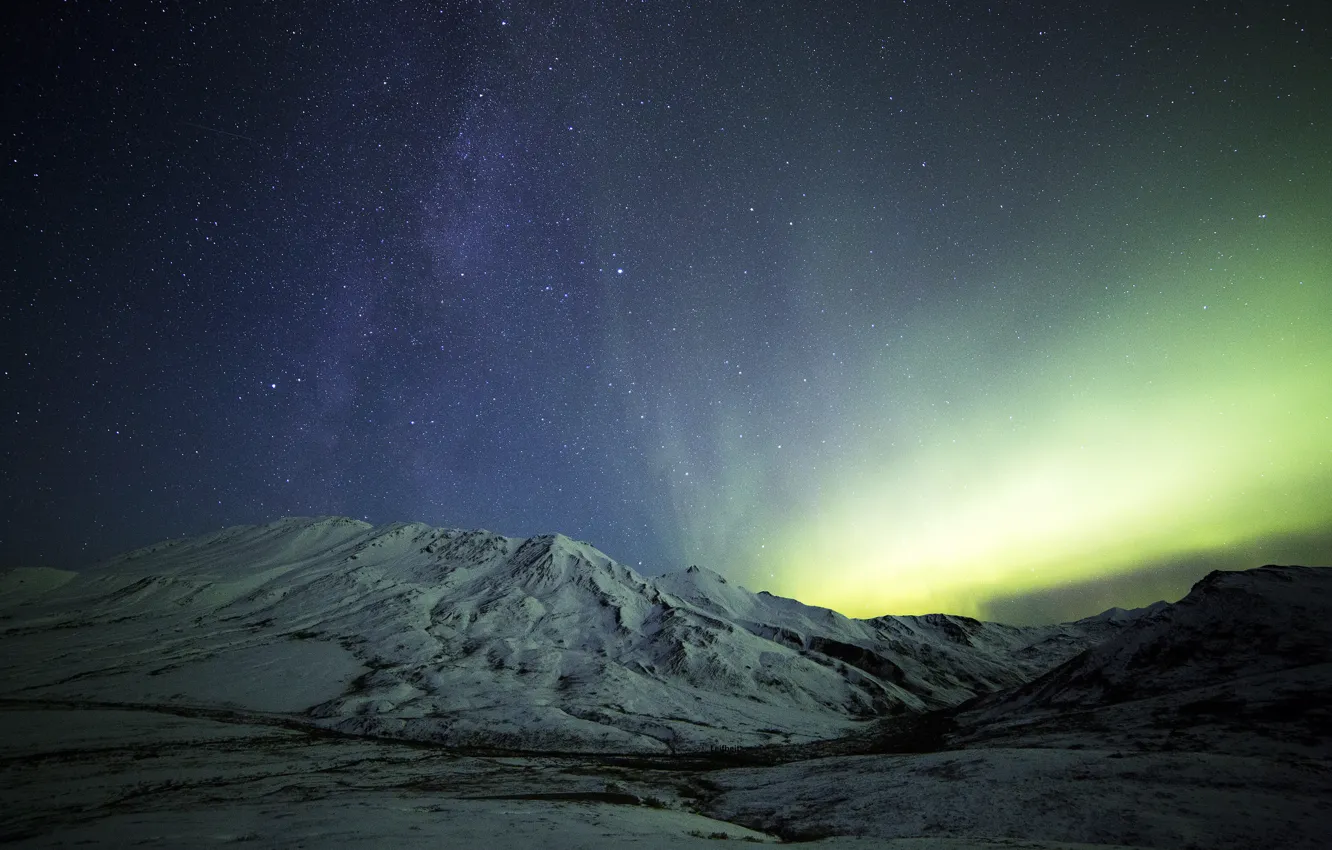 Photo wallpaper snow, mountains, night, Northern lights, the milky way