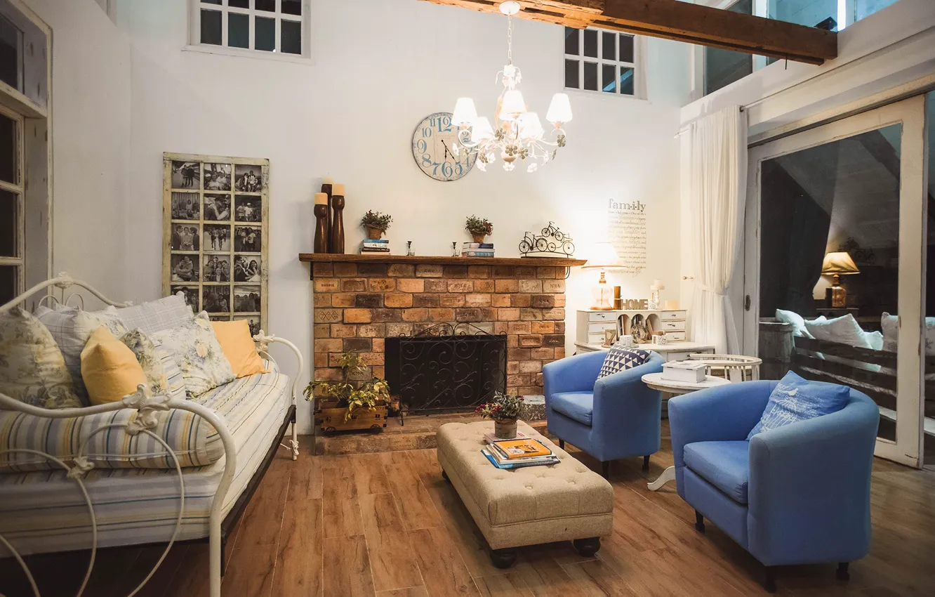 Photo wallpaper room, furniture, chandelier, fireplace, living room