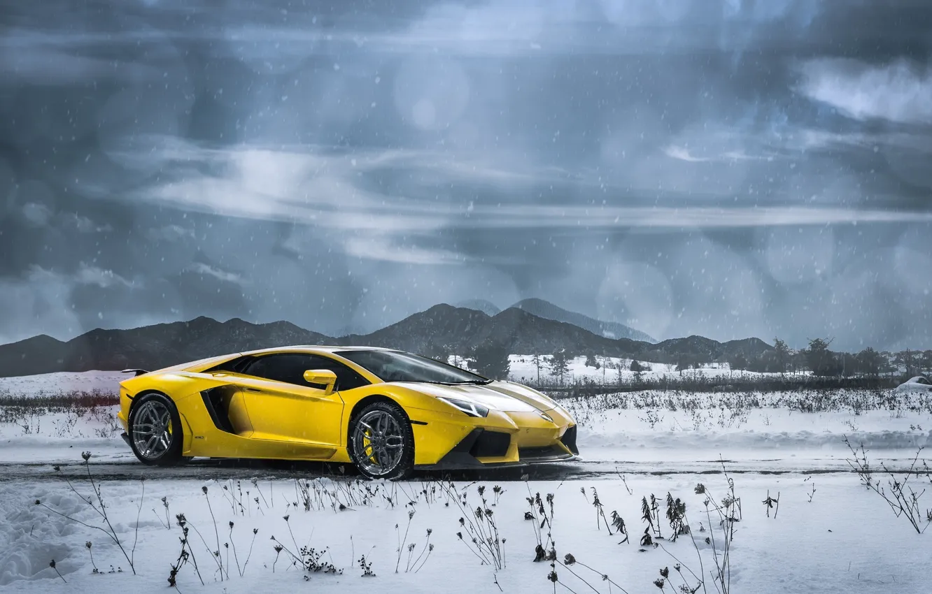 Photo wallpaper Lamborghini, Clouds, Front, Snow, Yellow, LP700-4, Aventador, Supercars
