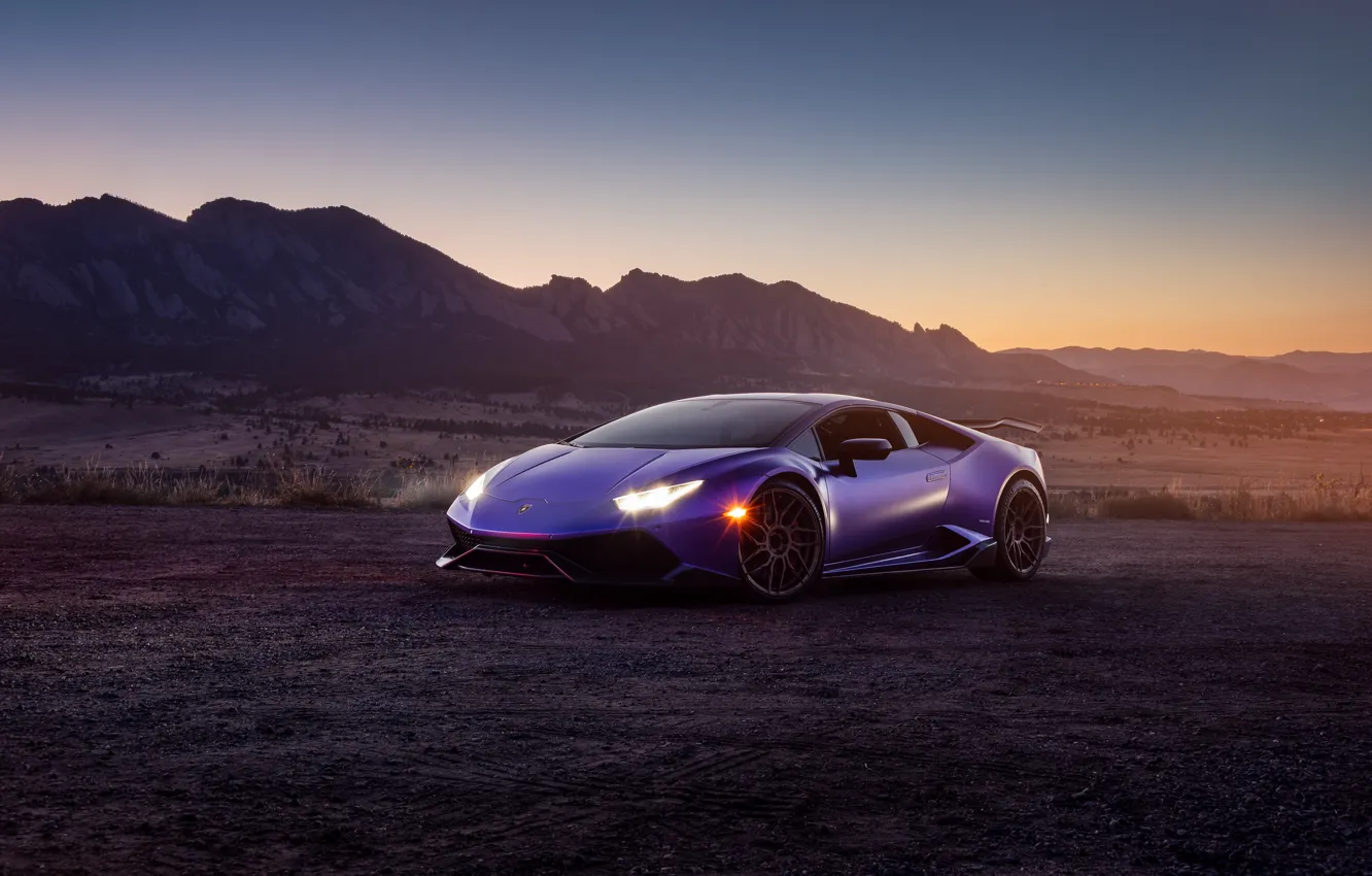 Photo wallpaper sunset, lights, the evening, Lamborghini, supercar, sunset, purple, Huracan