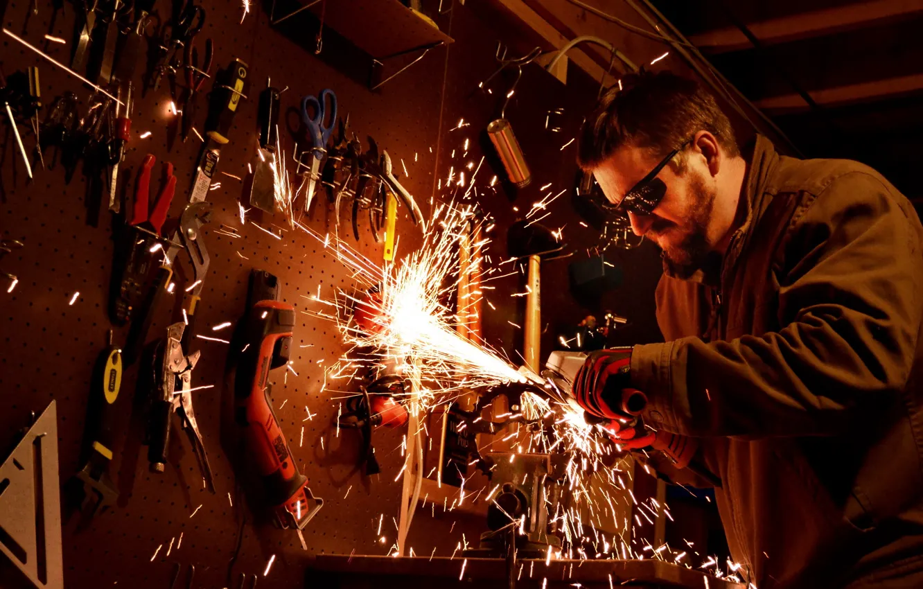 Photo wallpaper man, glasses, sparks, beard, tool, cutter