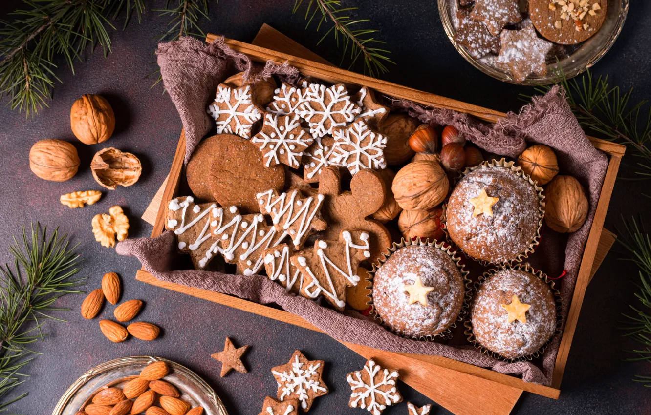 Photo wallpaper box, cookies, Christmas, New year, nuts, cupcakes