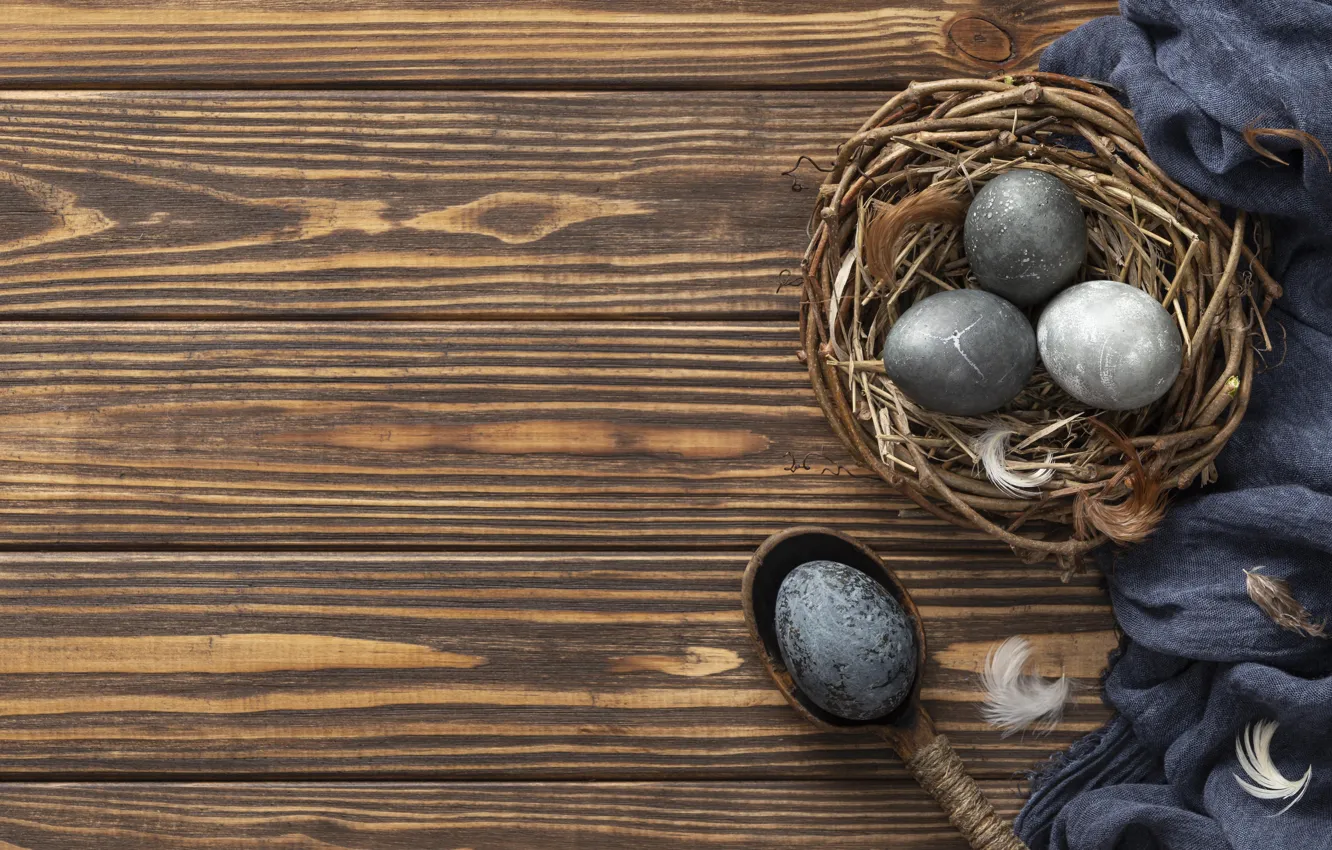 Photo wallpaper grey, holiday, Board, eggs, spring, feathers, Easter, socket