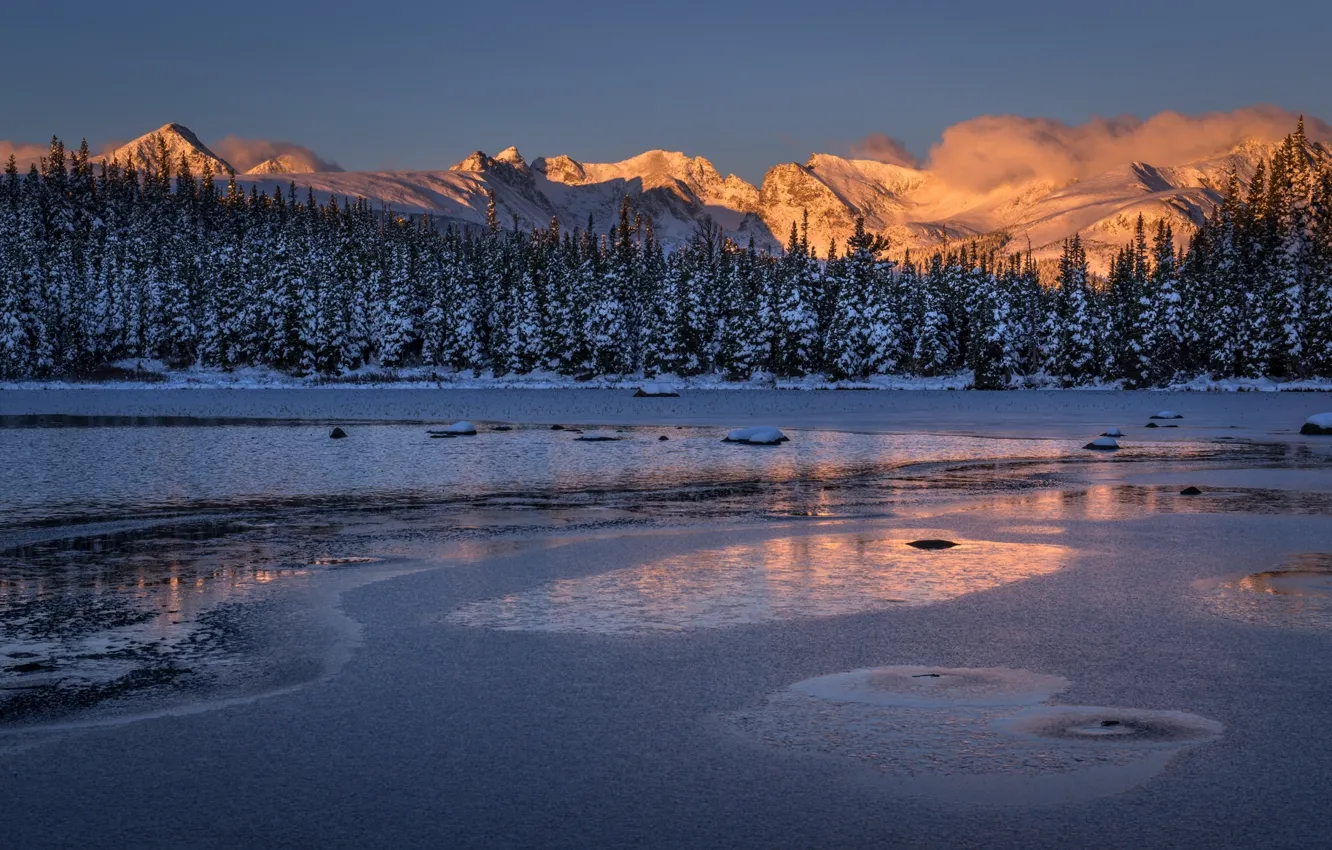 Photo wallpaper winter, forest, mountains, lake, Colorado, Colorado, Ward, Indian Peaks