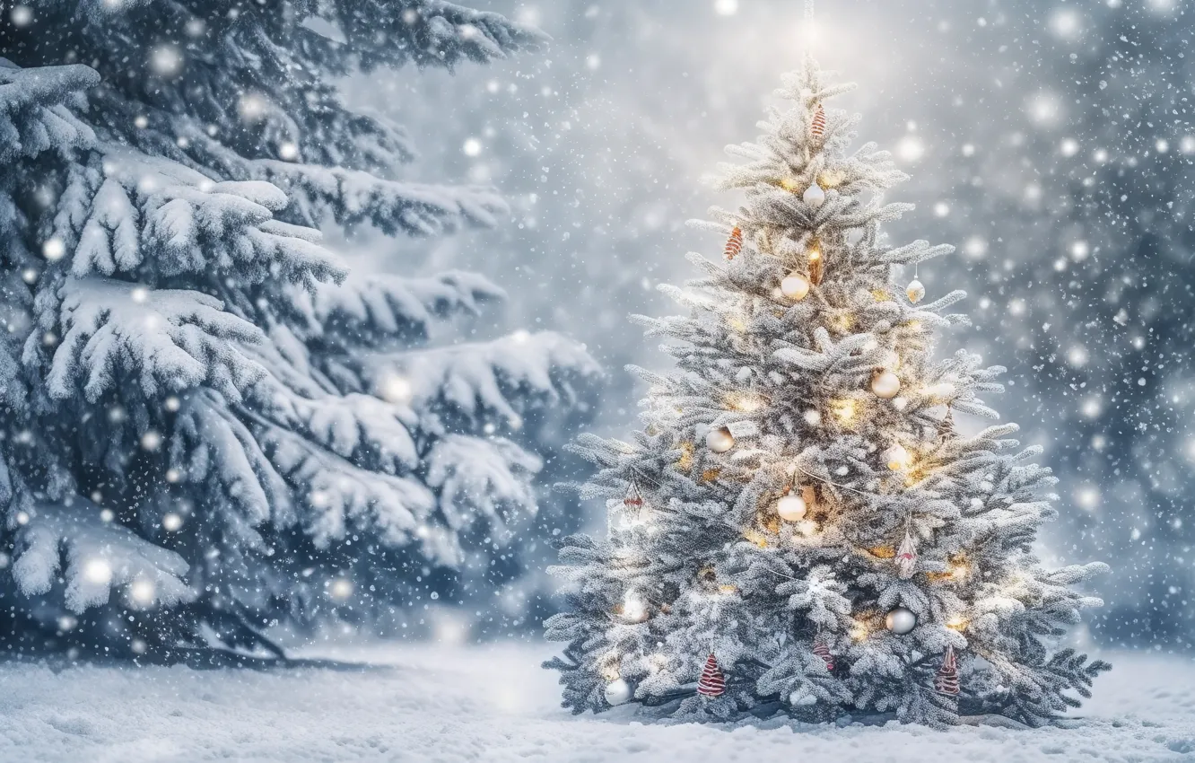 Photo wallpaper winter, forest, snow, decoration, night, lights, lights, tree