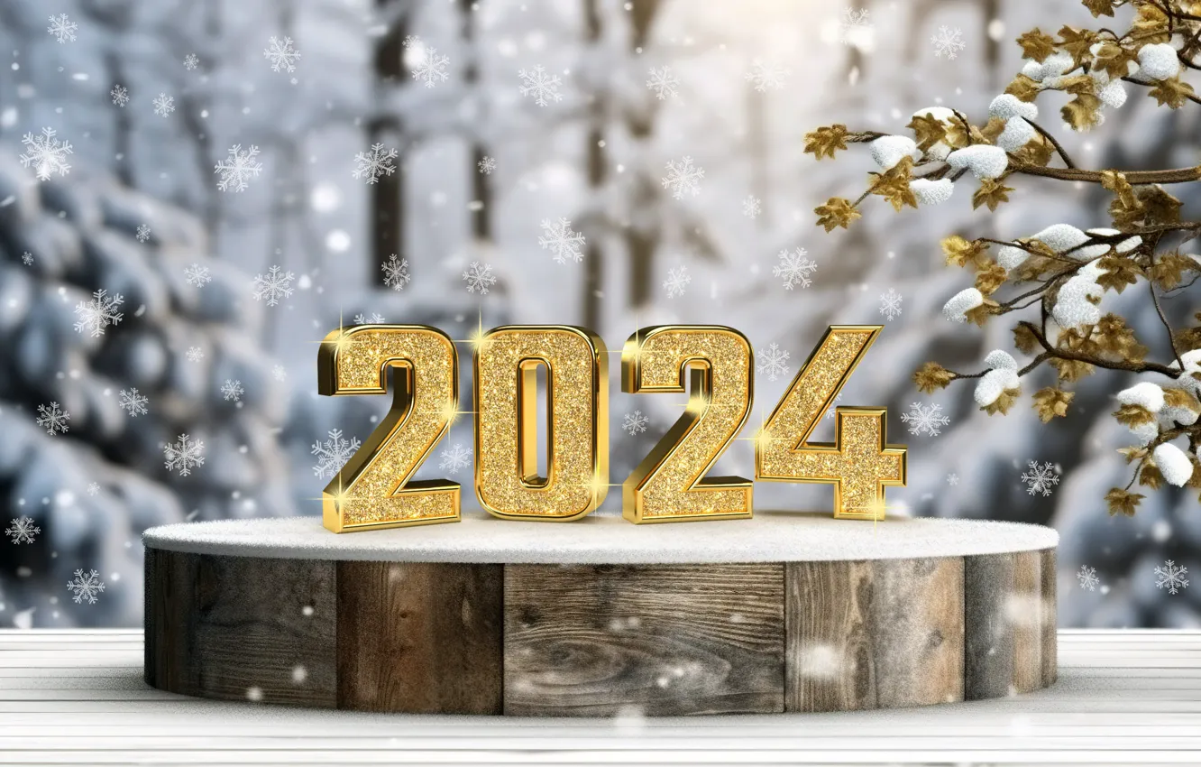 Photo wallpaper winter, snow, snowflakes, tree, New Year, Christmas, figures, golden